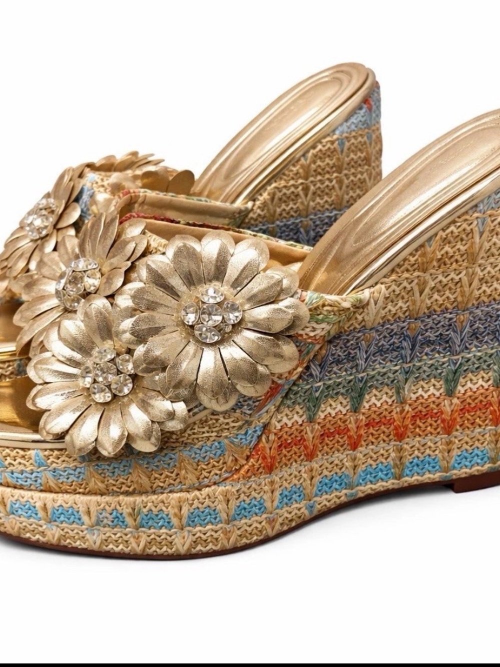 Gold Floral Embellished Wedge Sandals - Women - Picture 3 of 7